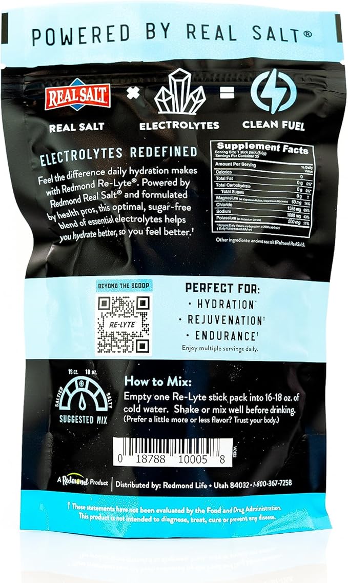 REDMOND Re-Lyte Hydration Electrolyte Powder Mix (Unflavored), 30 Stick Packs
