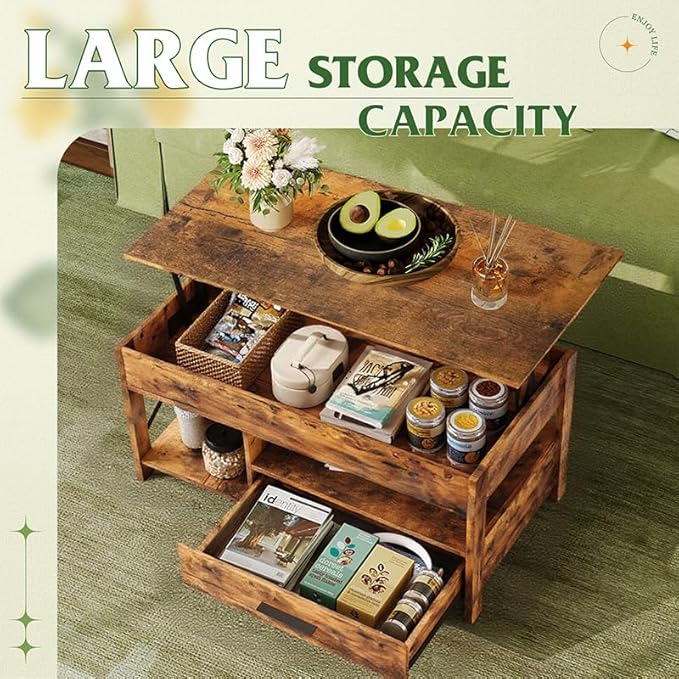 WLIVE Lift Top Coffee Table, 39" Coffee Table with Storage Drawers, Hidden Compartment, Wooden Lift Tabletop Center Table for Living Room, Home, Rustic Brown
