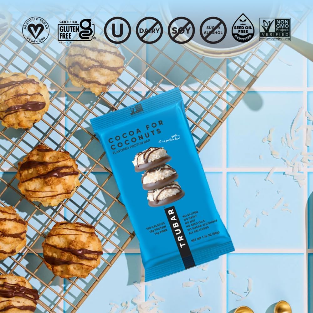 TRUBAR Vegan Protein Bar, Cocoa For Coconuts, Gluten Free, Plant Based Protein, Dairy Free, Non GMO, Soy Free, No Sugar Alcohols, 12G Protein, 12G Fiber, 23G Carb, On the Go Snack Bars, 12 ct