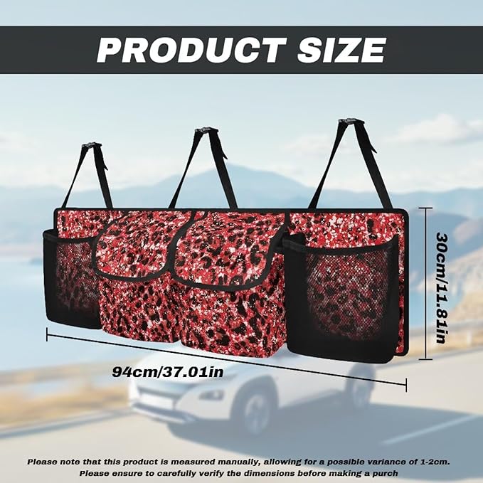 Red Leopard Car Storage Bag Hanging Backseat Organizer Waterproof Large Capacity Trunk Organizer for SUV with 4 Pockets & Buckle Suitable for Women Shopping or Beach Vacation