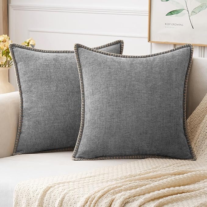 MIULEE Pack of 2 Couch Throw Pillow Covers 16x16 Inch Dark Gray Farmhouse Decorative Pillow Covers with Stitched Edge Soft Chenille Solid Dyed Pillow Covers for Sofa Bed Living Room