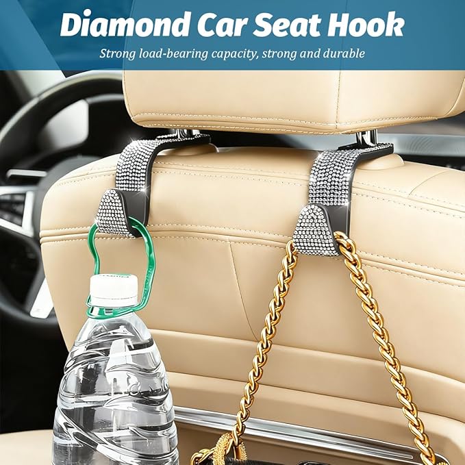 4PCS Bling Car Seat Headrest Hooks, Vehicle Back Seat Purse Handbag Hanging Holder with Crystal Rhinestone, Diamond Storage Organizer Hook, Universal Automotive Accessories (Black/Pink)