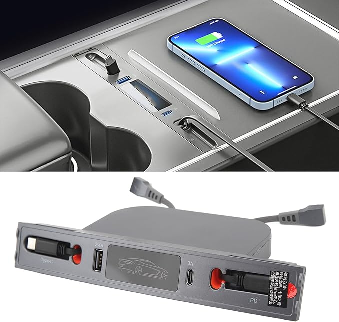 Car USB Hub Charger for T.esla Model.Y (2021-2024) and Model.3 (2021-2023) - Multi Port Retractable Docking Station with Fast Charging Cable for Center Console