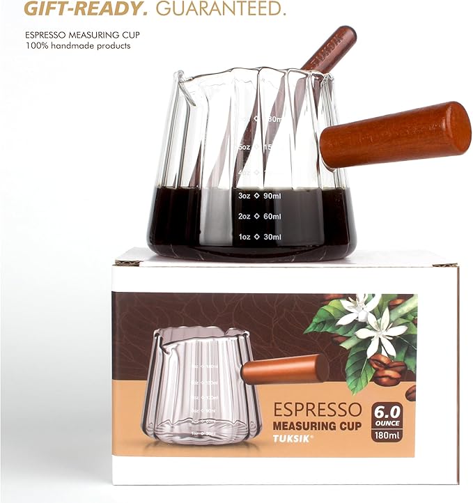 Double V-Spout Espresso Shots Cup (6OZ) with Wooden Handle - Left & Right Handed | Milk Frothing Pitcher & Measuring Cup | Espresso Accessories Set with Bonus Walnut Stirrer