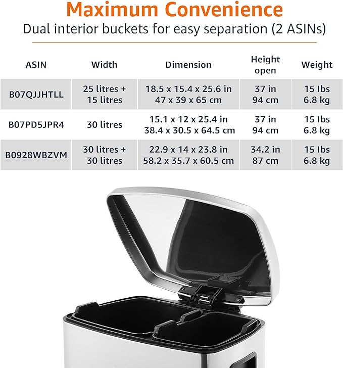 Amazon Basics Dual Compartment Recycling Trash Can with Soft-Close Lid, Fingerprint Resistant, Removable Liner Buckets, 60 Liters, Rectangular, Grey, Silver