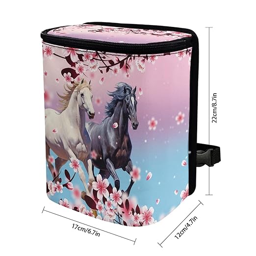 Horse Animal Car Trash Bin Bag with Pink Cherry Blossom,Hanging Auto Garbage Can Waste Storage Bag Universal Fit Most Vehicle Truck SUV,Durable and Leak Proof