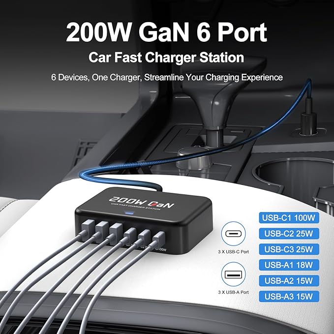 200W Car Fast Charging Station,6 Ports, Compatible with MacBook pro/Air/M5 M4 M3 M2 M1/Dell/Lenovo/HP,for iPhone 17/16/15 Series,Samsung Galaxy S26/S25 Ultra/S24 Series and More