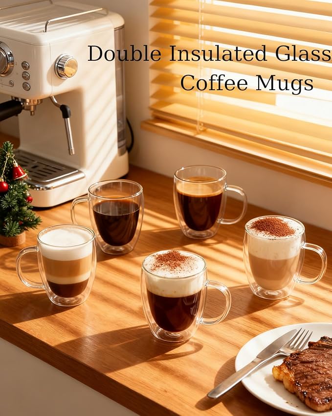 Glass Coffee Cups Set Of 2-12oz Double Walled Glass Coffee Mugs with Handle,Clear Insulated Borosilicate Glass Mug,Suitable for Cappuccino,Tea,Latte,Hot Beverage and Wine (2 pack 12oz)