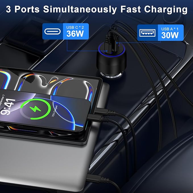Super Fast Type C Car Charger for Samsung Galaxy S26 S25 Ultra A17 A16 iPhone 17 Pro Max 17e Pixel 10a 10 9 Pro Android USB-C&USB-A 3 Port PD36W with QC30W Car Phone Charger Cigarette Lighter Adapter