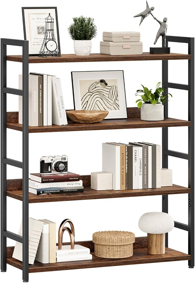NUMENN 4 Tier Wide Bookshelf for Living Room and Home Office, Vintage | Bookshelves, Home Office Bookcase Shelf Storage Organizer, Free Standing Storage Shelving Unit for Bedroom