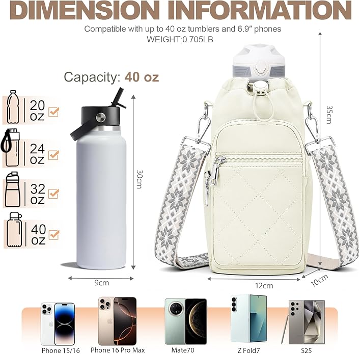 Water Bottle Carrier Bag with Strap, Water Bottle Purse with Phone Pocket 40oz for Walking Hiking