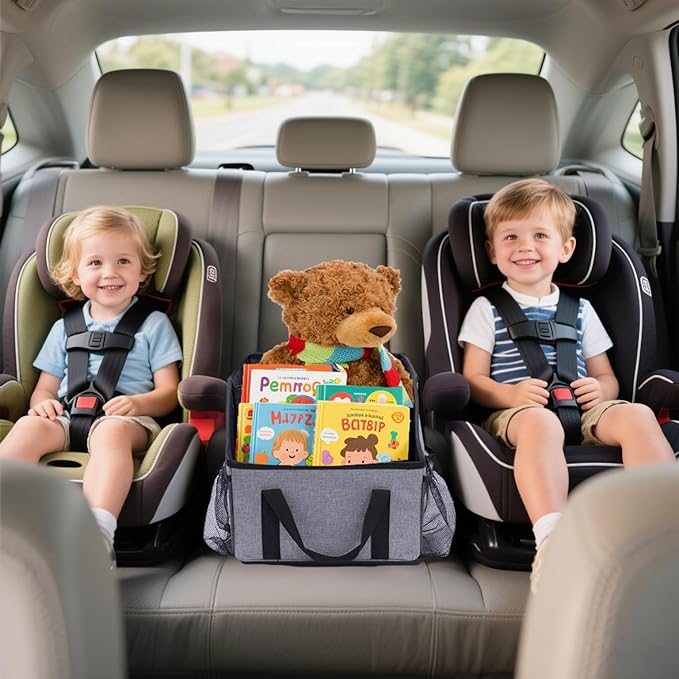 Smof Car Seat Organizer-Car Organizer Front Back Seat for Kids Collapsible Car Backseat Storage with Detachable Divider, Cup Holders & Mesh Pockets, Small Travel Organization for Trunk