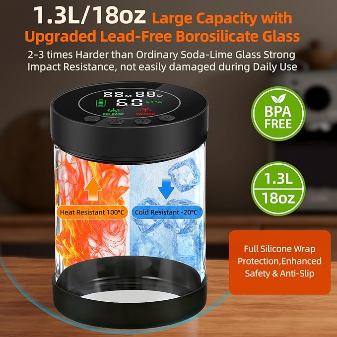 Automatic Vacuum Coffee Canister, 1.3L Airtight Food Storage Containers with Smart Pressure Sensor, Electric Coffee Bean Container Rechargeable with LED Display Window for Home Kitchen Food Storage