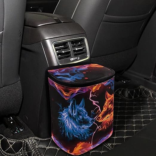 DISNIMO Blue Flame Wolf Car Trash Can, Car Trash Bag Hanging Large Capacity Car Organizer and Storage with Adjustable Straps, Leakproof Trash Bin Interior Car Stuff Storage