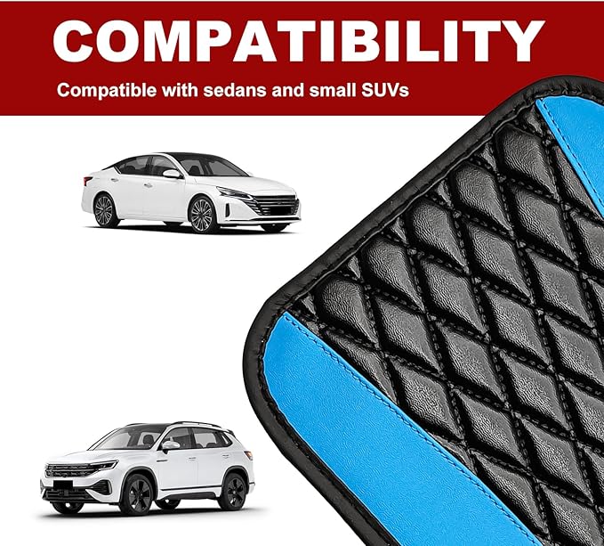 Leather Car Center Console Cover with Side Storage Pockets, Universal Leather Waterproof Armrest Pad Protector & Organizer for Cars, Vehicles, SUVs Interior Decor Stylish Car Decoration(Blue)