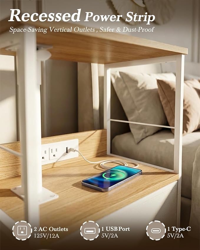 Faesun Swivel Lift Top Nightstand with Charging Station, Rolling Side Table for Recliner, Bedside Table with Wheels & a Fabric Drawer, for Small Spaces, for Bedroom, Living Room, Oak White