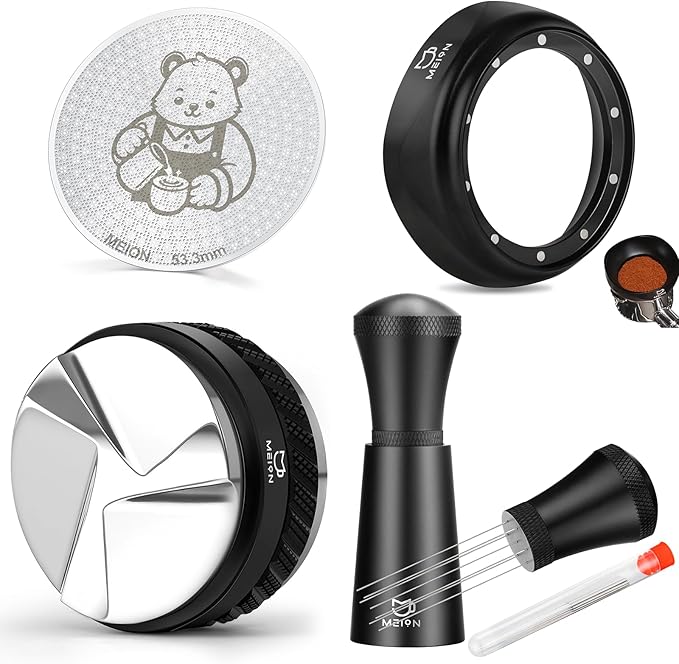 MEION 53.3mm Espresso Accessories Kit for Breville Espresso Machine 54mm Portafilter, Includes Coffee Distributor & Tamper, Espresso Stirrer, Dosing Funnel and Thin 0.8mm Puck Screen (Black, 53.3mm)