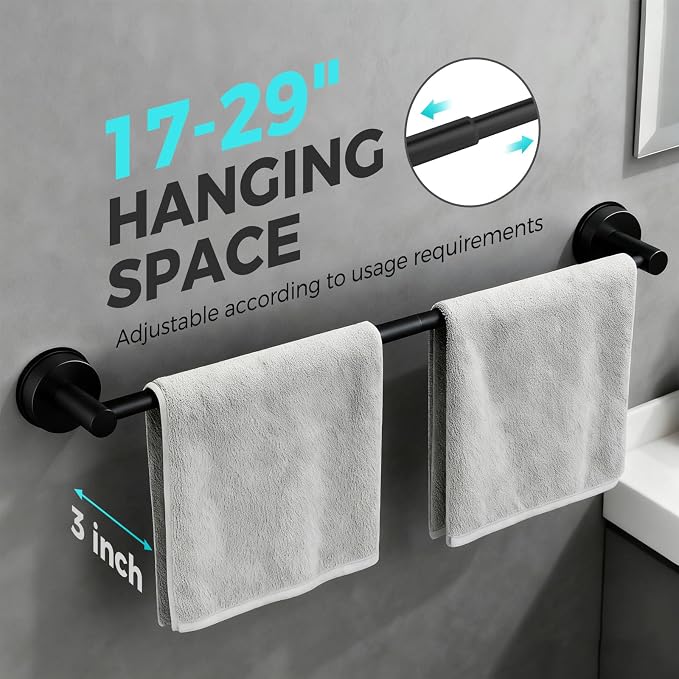 Adjustable Suction Cup Towel Bar for Bathroom Wall,17 Inch~29 Inch Towel Racks for Bathroom,Stainless Steel Bath Towel Holder for Shower,2 Pack(Matte Black)