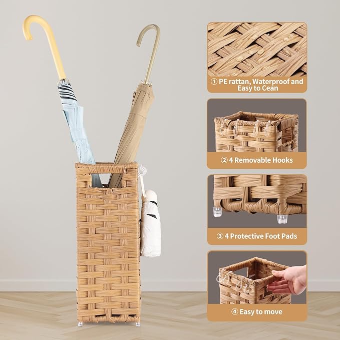 Rattan Umbrella Stand, Umbrella Holder for Entryway, Hand Woven Umbrella Rack Organizer Freestanding, with a Detachable Drip Tray, 4 Hooks, 6.5" L x 6.5" W x 16.5" H, Natural