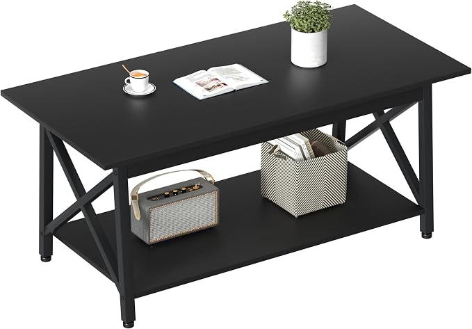 GreenForest Coffee Table with Storage, 43 inch Large Modern Coffee Tables for Living Room, X-Frame Design Farmhouse Coffee Table Space Saving Living Room Tables, Easy Assembly, Black