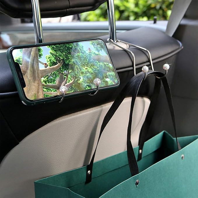 Bling Car Seat Hooks, Rhinestone Universal Organizer Hooks Car Headrest Hangers Hooks, Bag Organizers Rack and Hanger, Strong and Durable Auto Backseat Storage Hooks (A-Black)