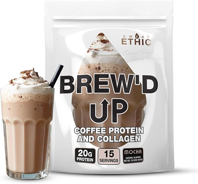 Sweat Ethic Brew’D UP Collagen Protein Coffee, Whey Isolate & Collagen Peptides, Natural Caffeine, Low Lactose, No Added Sugar, Easy-Mix Protein Coffee Powder, Mocha Flavor, 15 Servings
