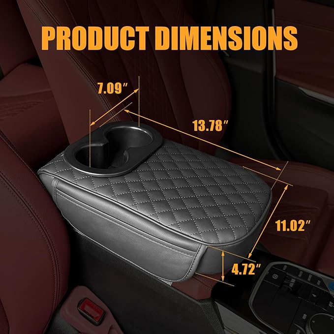 MAIKER Auto Center Console Armrest Pillow for Universal Car, PU Leather Car Armrest Cushion with Cup Holder and 2 Side Storage Bag, Armrest Box Cover Protector