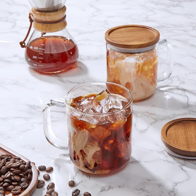 DRASTAR Glass Coffee Cups, 16 oz Coffee Mugs, Flat Bottomed Cups with Acacia Wood Lid, Glass Tea Cup with Handle, Clear Tea Cup Set of 2