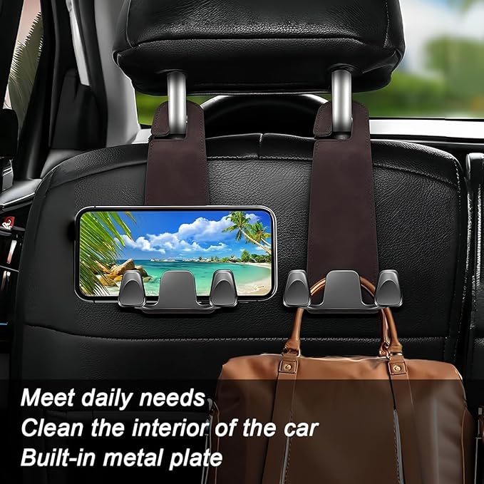 Car Seat Headrest Hook, 2PCS Leather & Metal Double Hook Vehicle Back Seat Hanger Holder for Phone Handbag Purse, Automobile Storage Organizer, Universal for Van Truck Sedan (Brown)