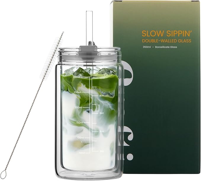 Slow Sippin' Glass Tumbler with Straw & Lid – 11.8oz / 350ml Double-Walled Glass Coffee Cup, Matcha Cup with Volume Markings, Tritan® Straw & Cleaner – Reusable, BPA-Free Iced Coffee Tumbler