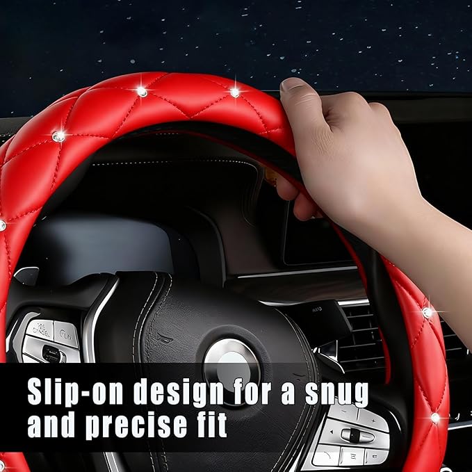 Diamond Leather Steering Wheel Cover Women, Girly Bling Steering Wheel Cover, Sparkly Non-Slip Soft, 15 Inch Interior Accessories for Women Girls Vehicle, Red