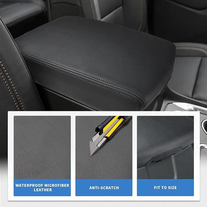 INTGET Center Console Armrest Cover for Chevy Traverse Accessories 2018-2023 2019 2020 2021 2022 Leather Middle Console Lid Pad Protector Elbow Arm Rest Covering Car (Black with Black Stitches)