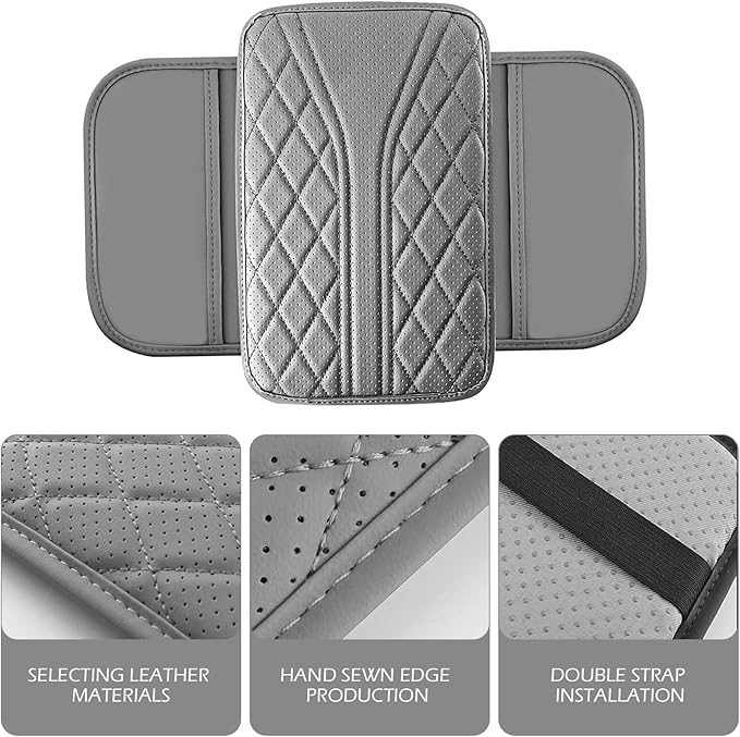 Car Center Console Cover, Leather Vehicle Armrest Protector Cushion with 2 Side Storage Bags, Auto Breathable Middle Interior Accessories, Universal for SUV, Sedan, Truck (Gray)