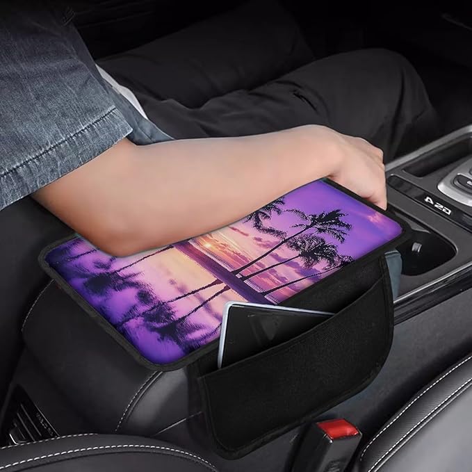 Dreaweet Purple Beach Palm Tree Center Console Cover with Pockets,Hawaiian Style Car Armrest Cover for Women Soft Car Arm Rest Cover Pad,Universal Center Covers for Car SUV Trucks