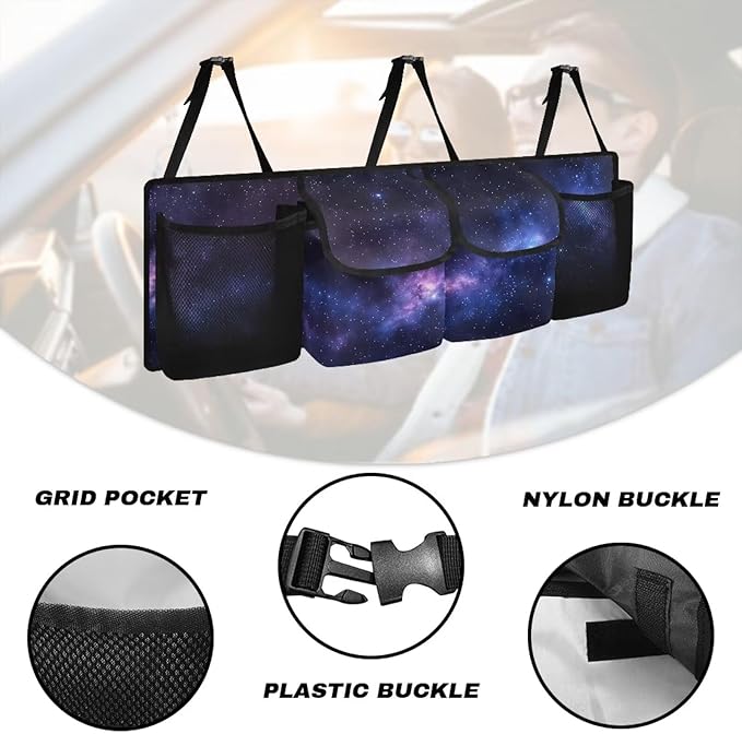 Purple Galaxy Car Trunk Organizers, 37.1" x 11.8" Backseat Hanging Organizer with 4 Storage Bag, Waterproof Car Organizer with Adjustable Strap, Road Trip Large Capacity Bag for Car SUV