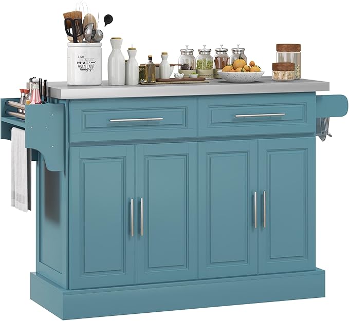 HOMCOM Rolling Kitchen Island Cart with 47" Stainless Steel Top, Portable Island Table for Kitchen with Wheels, Adjustable Shelves, 2 Drawers, Spice, Knife and Towel Rack, Teal Blue