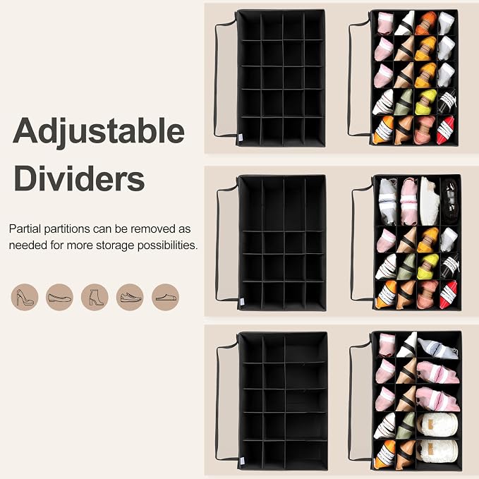 TOPIA HOME Shoe Organizer for Closet, Foldable Shoe Box with Adjustable Dividers and Clear Cover, Space Saving Shoe Storage Organizer Cabinet with Reinforced Handles, Fits 20 Pairs, Black, TP10B