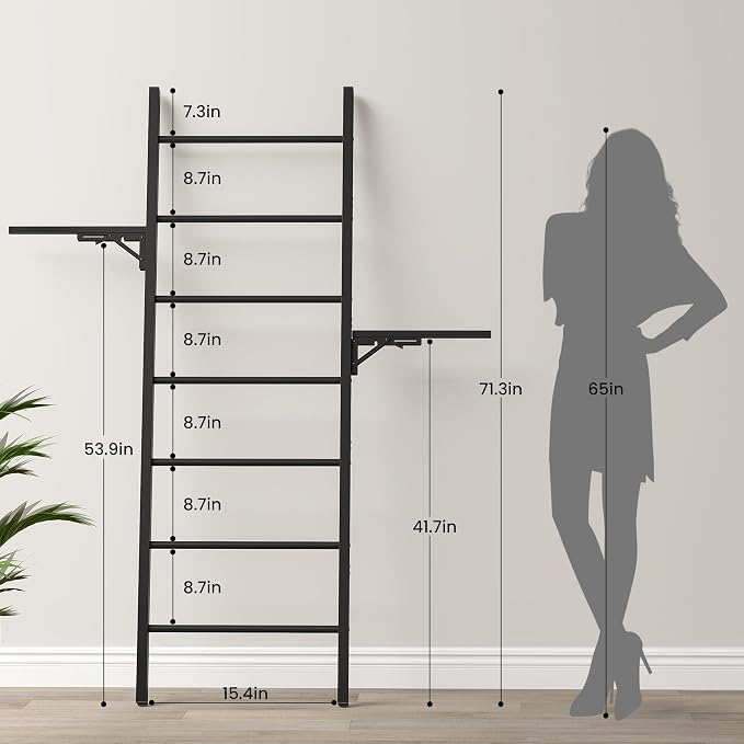 Metal Blanket Ladder, 7-Tier Towel Rack with Ajustable Side Rack, Blanket Rack Stand for Living Room, Bathroom, Quilt Display Ladder Shelf, Farmhouse Black