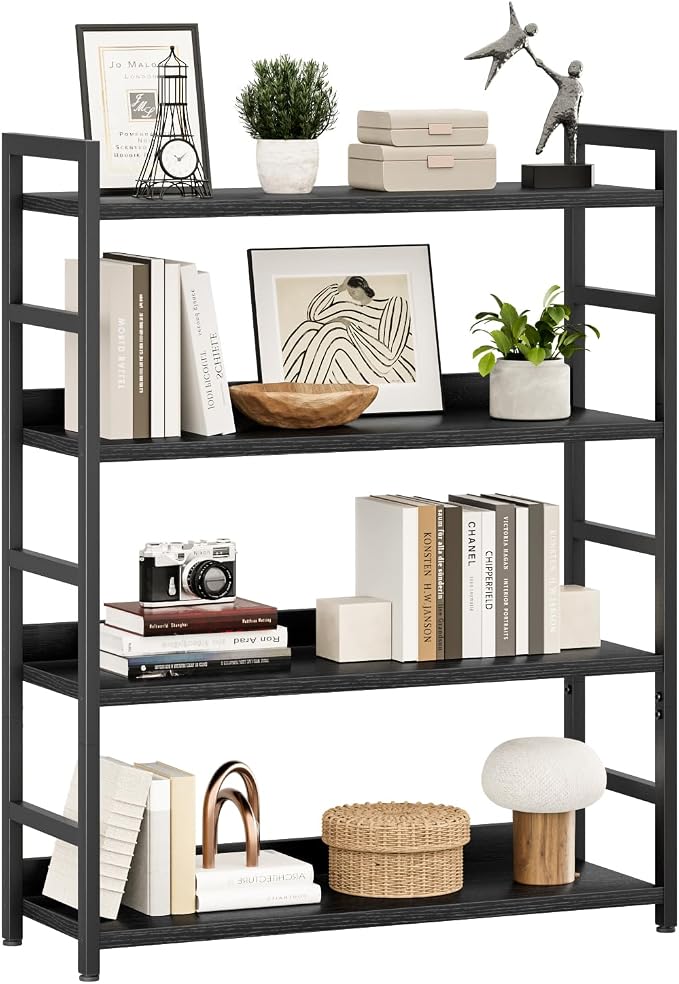 NUMENN 4 Tier Wide Bookshelf for Living Room and Home Office, Black | Bookshelves, Home Office Bookcase Shelf Storage Organizer, Free Standing Storage Shelving Unit for Bedroom