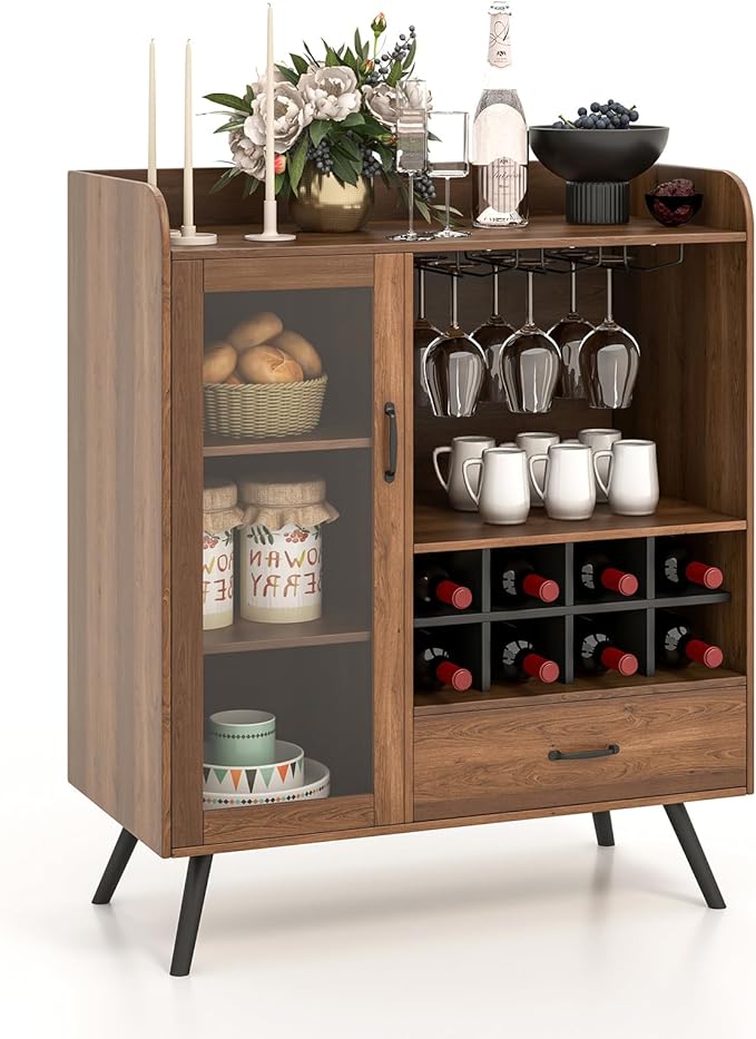 LOKO Farmhouse Coffee Bar Cabinet with Tempered Glass Door, 3-Row Glass Holder & 8-Grid Wine Rack, Buffet Sideboard with Wine Display, Rustic Brown
