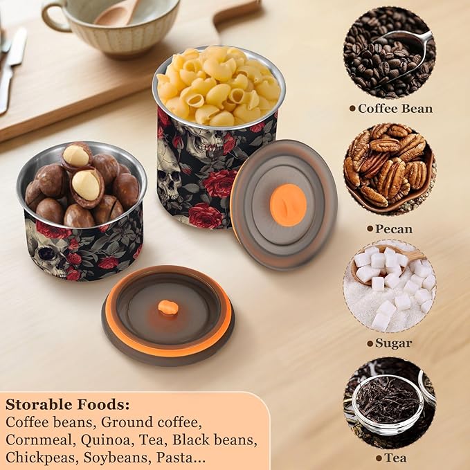 ALAZA Skull Red Rose Flower Floral Airtight Coffee Bean Canister 500ml Food Storage Containers with Lids For Gournd, Tea, Sugar, Flour, Rice, Cereal, Candy Cookie Jar