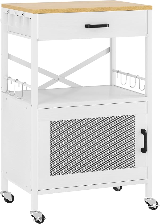 Homeiju Kitchen Island Cart, Kitchen Storage Cart with Drawer, Microwaves Stand, Coffee Cart, Rolling Kitchen Cabinet Cart with Hooks for Kitchen, Dining Room, White