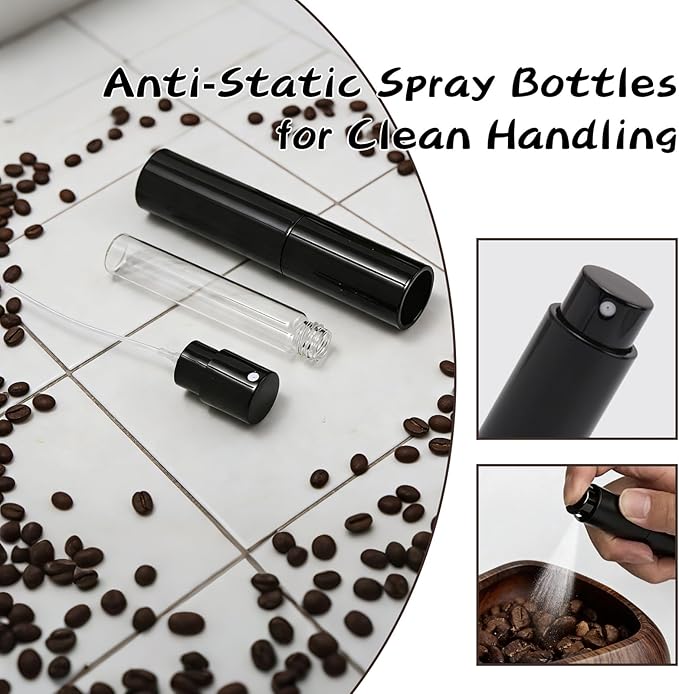 2 Coffee Bean Spray Bottles with Walnut Wood Dosing Cup Set – Anti-Static Spray for Coffee Beans, Espresso Bar Walnut Dosing Cup Accessories