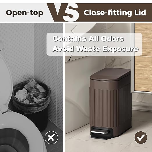 TrashAid Slim Bathroom Trash Can with Lid Soft Close, 6 Liter/1.6 Gallon Stainless Steel Small Garbage Can with Removable Inner Bucket, Step Pedal, Slim Wastebasket for Toilet, Office, Bedroom, Brown