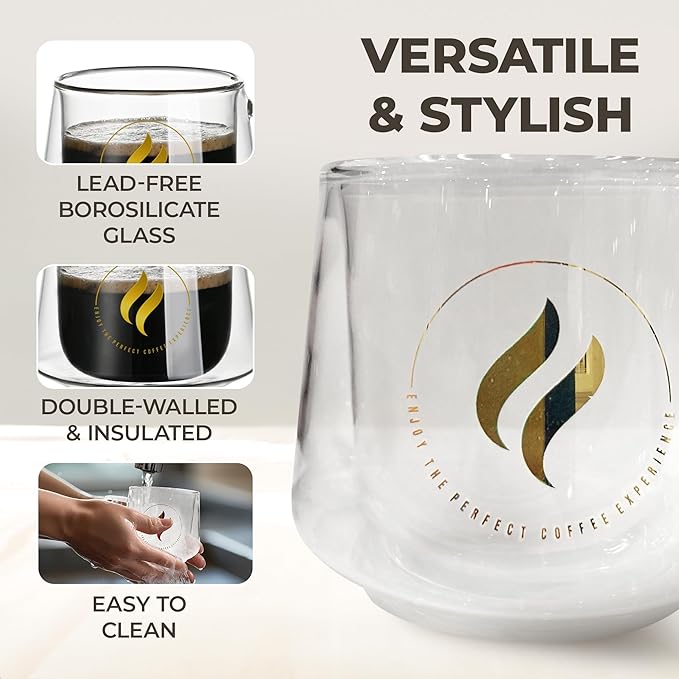 GLORAMA Double Walled Glass Coffee Mugs - 10oz Coffee Mugs for Tea, Espresso, & Cappuccino - Freezer & Microwave Safe Coffee Mugs Set of 4