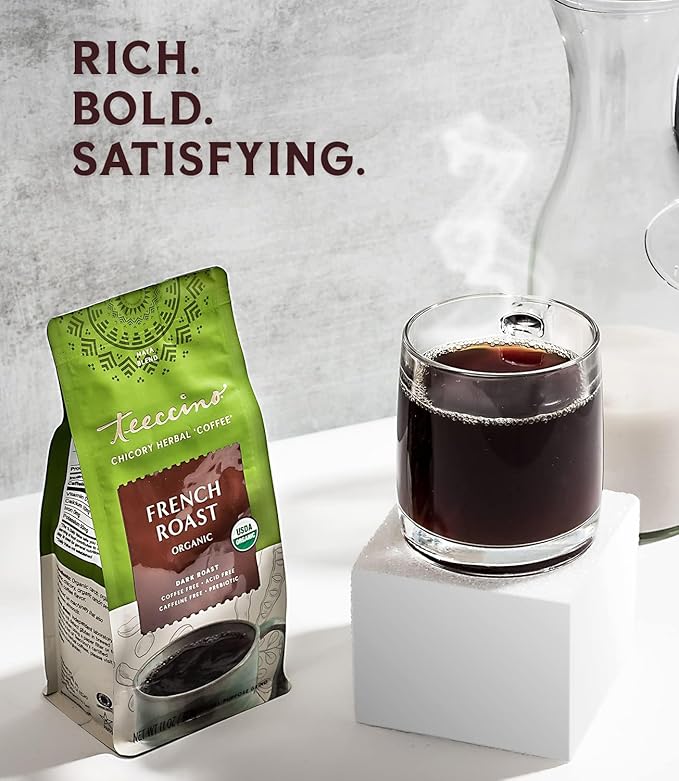 Teeccino French Roast Chicory Coffee Alternative, 11 Ounce: Ground Herbal Coffee That’s Prebiotic, Caffeine-Free & Acid-Free, Dark Roast, with Carob and Chicory, No artificial flavors