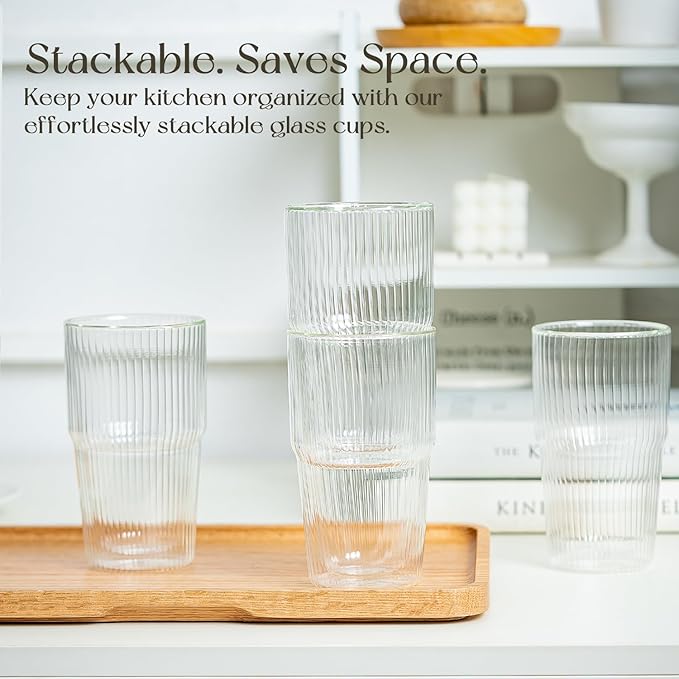 KEMORELA Iced Coffee Cups 16oz Ribbed Double Wall Glass Cups 2PCS, Coffee Bar Accessories，Insulated Borosilicate Glass Tumblers, To Go Coffee Cups, Spill proof tumbler,tumblers & water glasses