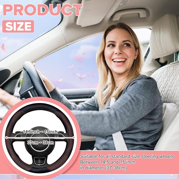 Brown Steering Wheel Cover, Slip-Proof Breathable Comfort PU Imitation Leather Cute Car Accessories for Women Girl, Universal Protector in All Season 15 inch Fit Most Car