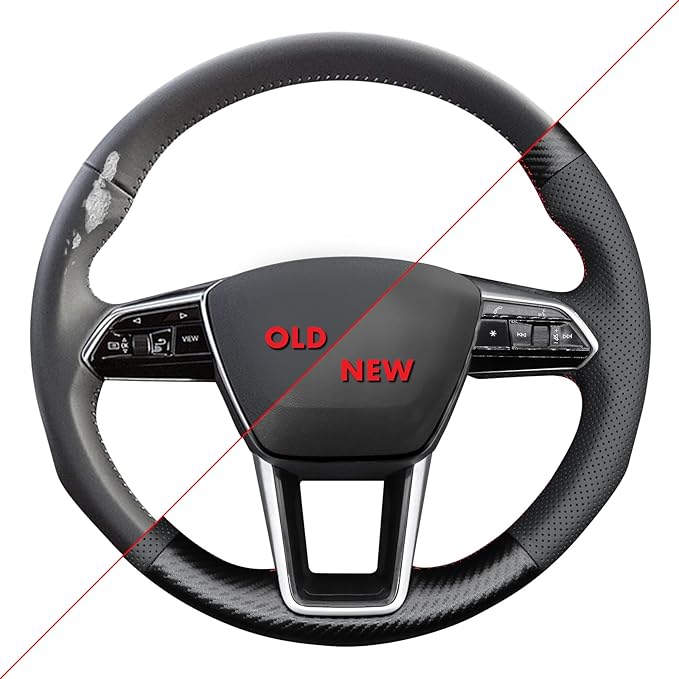 MEWANT Hand Stitch Steering Wheel Cover for Audi A6 2019-2022 A6 Allroad 2020-2022 A7 2019-2022 RS 6 Avant 2021-2022 RS 7 2021-2022 S6 2020-2022 Faux Leather PU Carbon Fiber DIY Interior Accessories