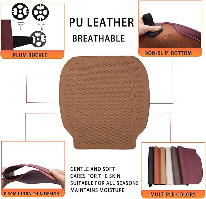 ontto 2 PC Car Seat Cushions for Most Vehicles Universal Auto Seat Pad Protector Perforated PU Leather Bottom Pad Breathable and Thin Seat Mat Also Works with Truck and Office Chair,Light Brown